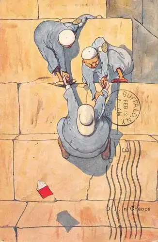 L038 Ägypten 1908 Cheops Pyramide Comic Vintage Postkarte