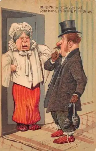 L043 Groteske Dame Einbrecher Comic Humor geprägt Vintage Postkarte