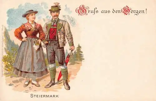 L106 Österreich Steiermark Steiermark Tracht Gruss aus den Bergen Chromolitho Postkarte