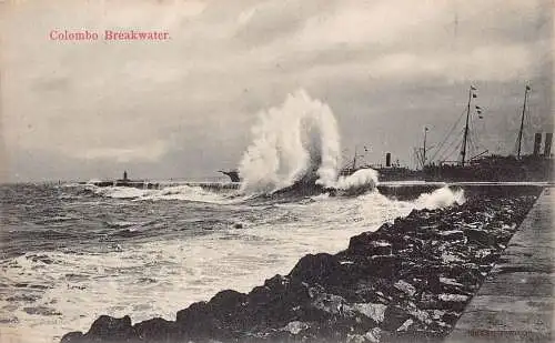 L380 Ceylon Sri Lanka Colombo Breakwater Ufer Welle Dampfschiffe Vintage Postkarten
