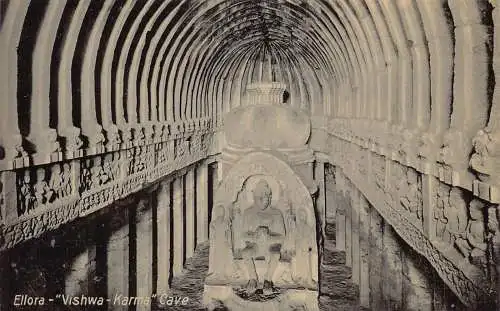 L381 Indien Ellora Vishwa Karma Höhle Innenraum Gott Skulptur Vintage Postkarte