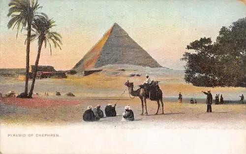L382 Ägypten Beduinen und Kamel Pyramide von Chephren Vintage Postkarte