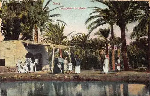 L383 Ägypten Suez Fontaine de Moise Hütte Einheimische Bäume Vintage Postkarte