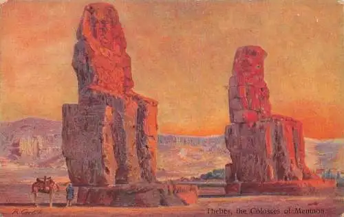 L382 Ägypten Theben Die Memnomkolosse Statuen Kamelbemalung signiert Postkarte