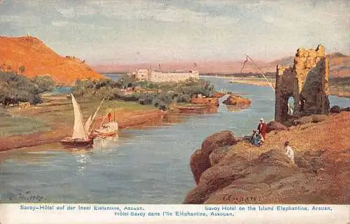 L383 Ägypten Savoy Hotel auf Elephantine Island Assuan Künstlerkarte signiert Postkarte