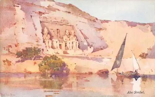 L382 Ägypten Ansicht Abu Simbel Tempel Segelboot Skulpturen Vintage Postkarte