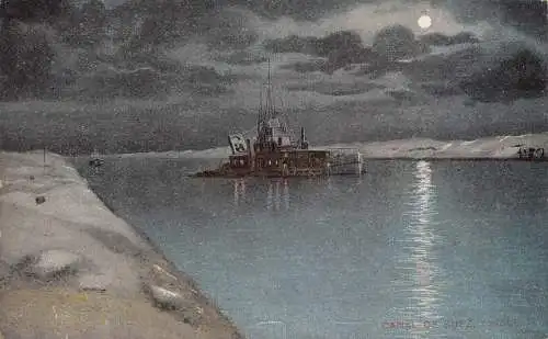 L382 Ägypten Canal de Suez Steamboat Moonlight Vintage Postkarte