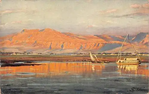 L383 Ägypten Berge von Theben Boote Künstlerkarte signiert Vintage Postkarte