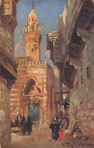 L384 Ägypten Kairo Straße Gemälde signiert Vintage Postkarte