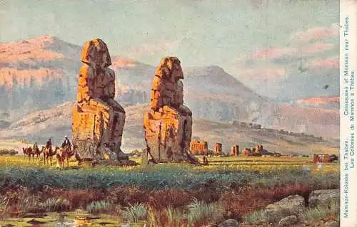L383 Ägypten Kolosse von Memnom bei Theben Statuen Kamele Beduinen Postkarte