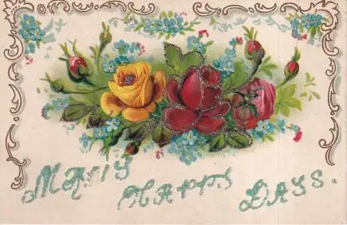 A964 Neuheit Glitzer Blumen Rosen Vergissmeinnicht viele glückliche Tage Postkarte