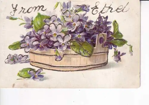A964 Neuheit Glitzer Blumen Veilchen im Korb Grüße Vintage Postkarte