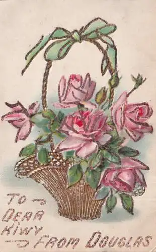 A964 Neuheit Glitzer Korb mit Rosen To Dear Kiwy von Douglas geprägte Postkarte