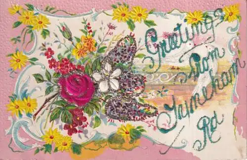 A964 Neuheit Glitzer Grüße Tauben geprägte Blumen Seide Rose Postkarte