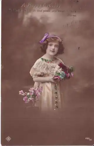 A964 Geburtstagsgrüße 1914 kleines Mädchen Rosen Blumen Neuheit Glitzer Postkarte