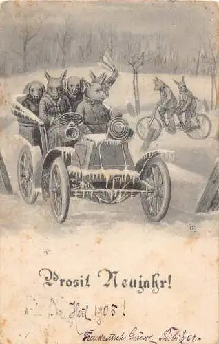 Neujahrsgrüße 1905 Schweine vermenschlicht fahren Auto Fahrrad Postkarte