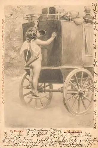 Flitterwochen Kutsche Amor Cherub Deutschland 1901 Vintage Postkarte