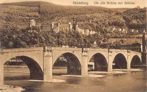 Deutschland Heidelberg Alte Brücke mit Schloss Vintage Postkarte