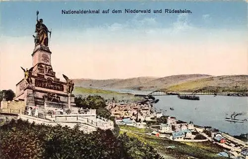 Deutschland Nationaldenkmal auf Niederwald und Rüdesheim Vintage Postkarte