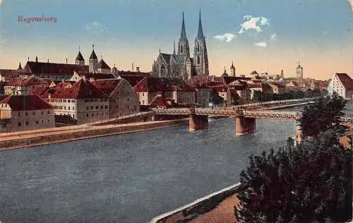 Deutschland Regensburg Fluss und Brücke Ansicht Vintage Postkarte