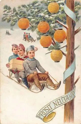 L375 Neujahrsgrüße 1904 Kinder Schlitten Geschenke Prägepostkarte