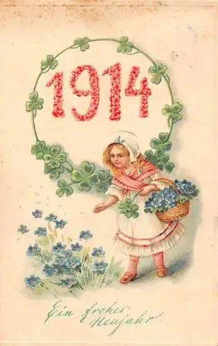L375 Neujahrsgrüße 1913 Mädchen Blumen Kleeblatt Glück Vintage Postkarte