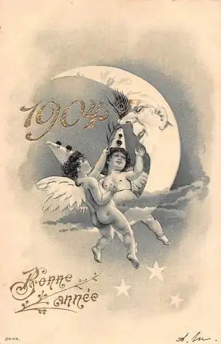 L375 Neujahrsgrüße 1904 Cherubs und humanisierter Mond Vintage Postkarte