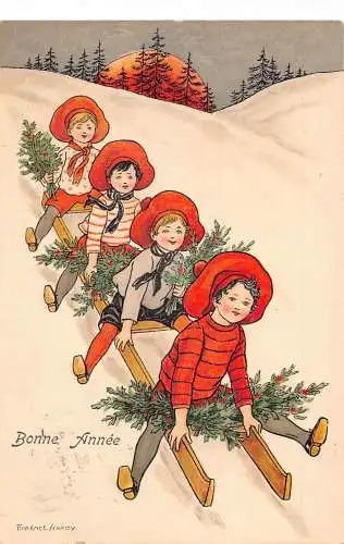 L375 Neujahrsgrüße 1909 Kinder Schlitten Mistelzweig F Hardy Vintage Postkarte