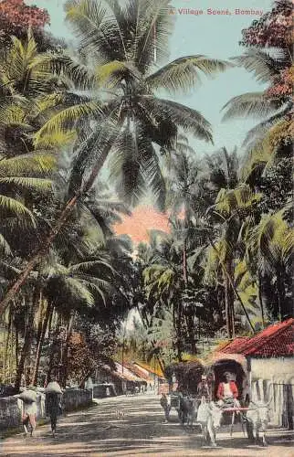 L377 Indien Eine Dorfszene Bombay Ochsenkarren Palmen Vintage Postkarte
