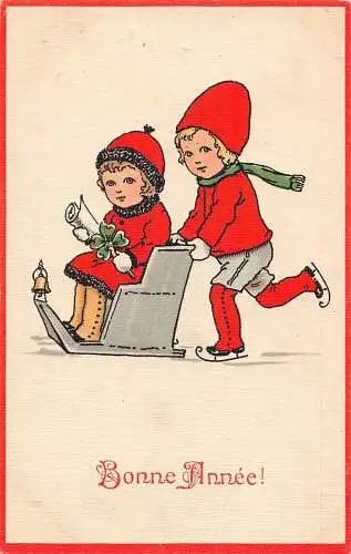 L375 Neujahrsgrüße 1922 Kinder Schlittschuh Schlitten Kleeblatt Luc Vintage Postkarte