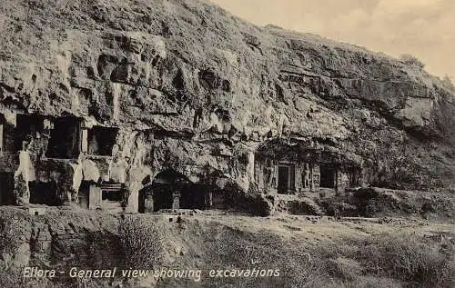 L377 Indien Ellora Gesamtansicht zeigt Ausgrabungen Höhlen Tempel Vintage Postkarte