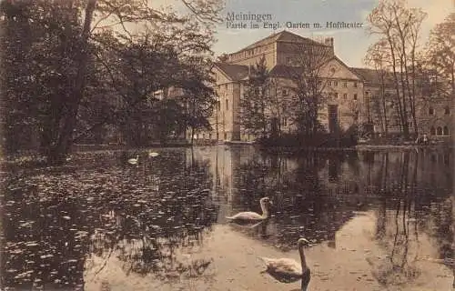 A154 Deutschland 1917 Meiningen Engl Garten Hoftheater See Schwäne 1. Weltkrieg Feld Postkarte