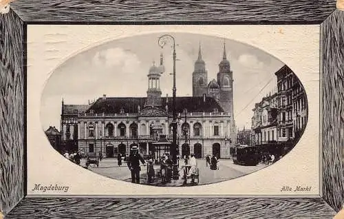 A153 Deutschland 1911 Passepartout Magdeburg Alter Markt Straßenbahn Vintage Postkarte