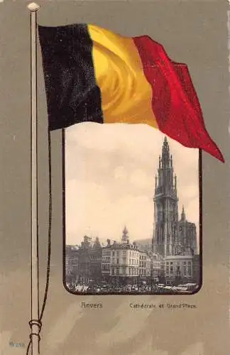 A965 Belgien Flagge Passepartout Anvers Antwerpen Kathedrale Grand Place Postkarte
