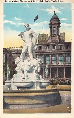 A955 US New York City Civic Virtue Statue und Rathaus Vintage Postkarte
