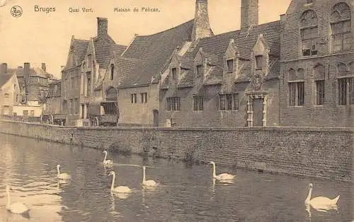 C055 Belgien Brügge Quai Vert Maison du Pelican Vintage Postkarte