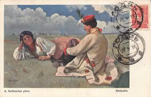 A149 Gemälde 1911 Polnisches Paar Traditionelle Kostüme signiert ASetkowicz Postkarte