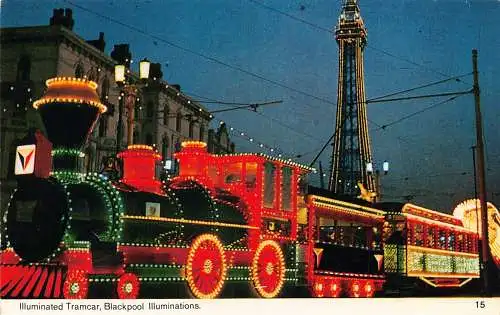 A946 England beleuchtete Straßenbahn Blackpool Vintage Postkarte