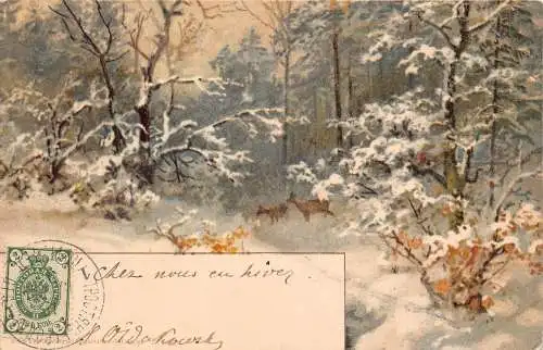 A149 Gemälde 1904 Winterlandschaft im Wald Rehe Vintage Postkarte