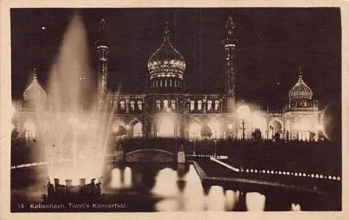 A148 Dänemark 1912 Kopenhagen Tivoli Koncertsal Brunnen Leuchtpostkarte