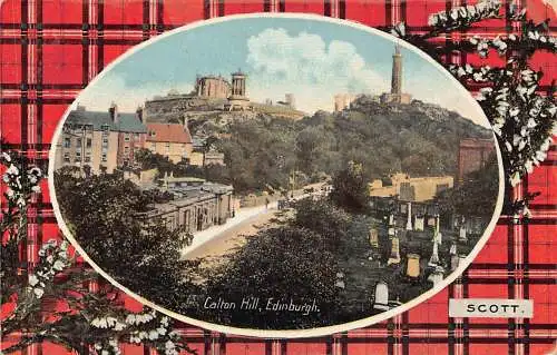 A950 Schottland Edinburgh Calton Hill Scott Tartan Blumen Passepartout Postkarte