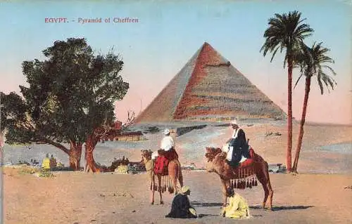 A940 Ägypten Pyramide der Cheffren Kamele Beduinen Vintage Postkarte