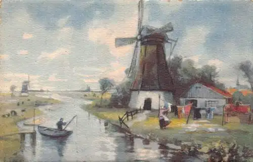 A147 Gemälde Landschaft Fluss Boot Windmühle Wäsche Draht signiert G Grobe Postkarte
