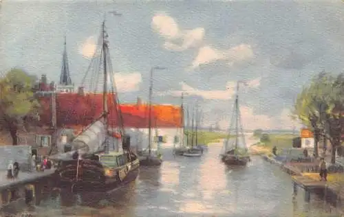 A147 Gemälde Landschaft Hafen Segelboote signiert G Grobe Vintage Postkarte
