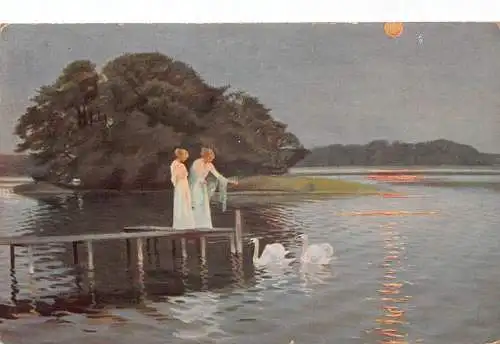 A147 Gemälde Dänische Mädchen füttern Schwäne Mondschein signiert H Slott Moller Postkarte