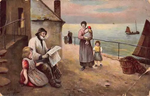 A978 Britische Kunst Opa Pfeife rauchen Zeitung Mädchen Boote Vintage Postkarte