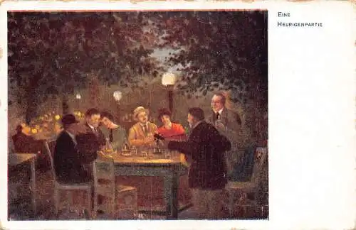 A978 Art Eine Heurigenpartie Mann spielt Violine Freunde trinken Bar Postkarte