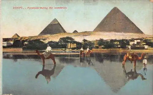 A940 Ägypten Pyramiden während der Überschwemmung Kamele Vintage Postkarte