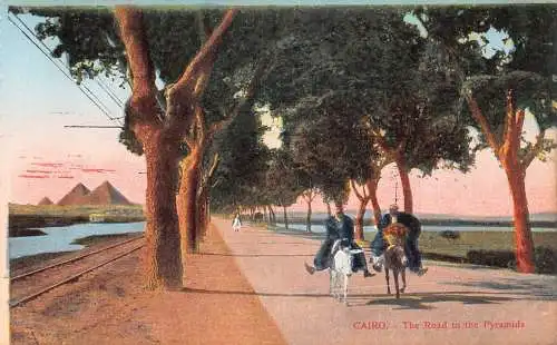 A940 Ägypten Kairo Straße zu den Pyramiden Männer reiten Esel Vintage Postkarte