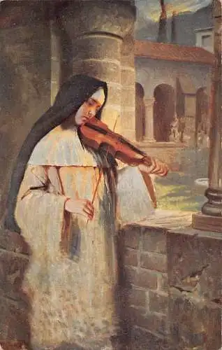A146 Gemälde signiert Zisterzienserin Nonne spielt Violine Vintage Postkarte